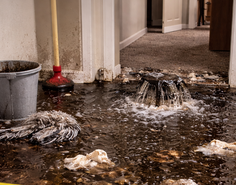 Black water sewage discharge flowing from exterior drain pipe with visible contamination and caution tape.