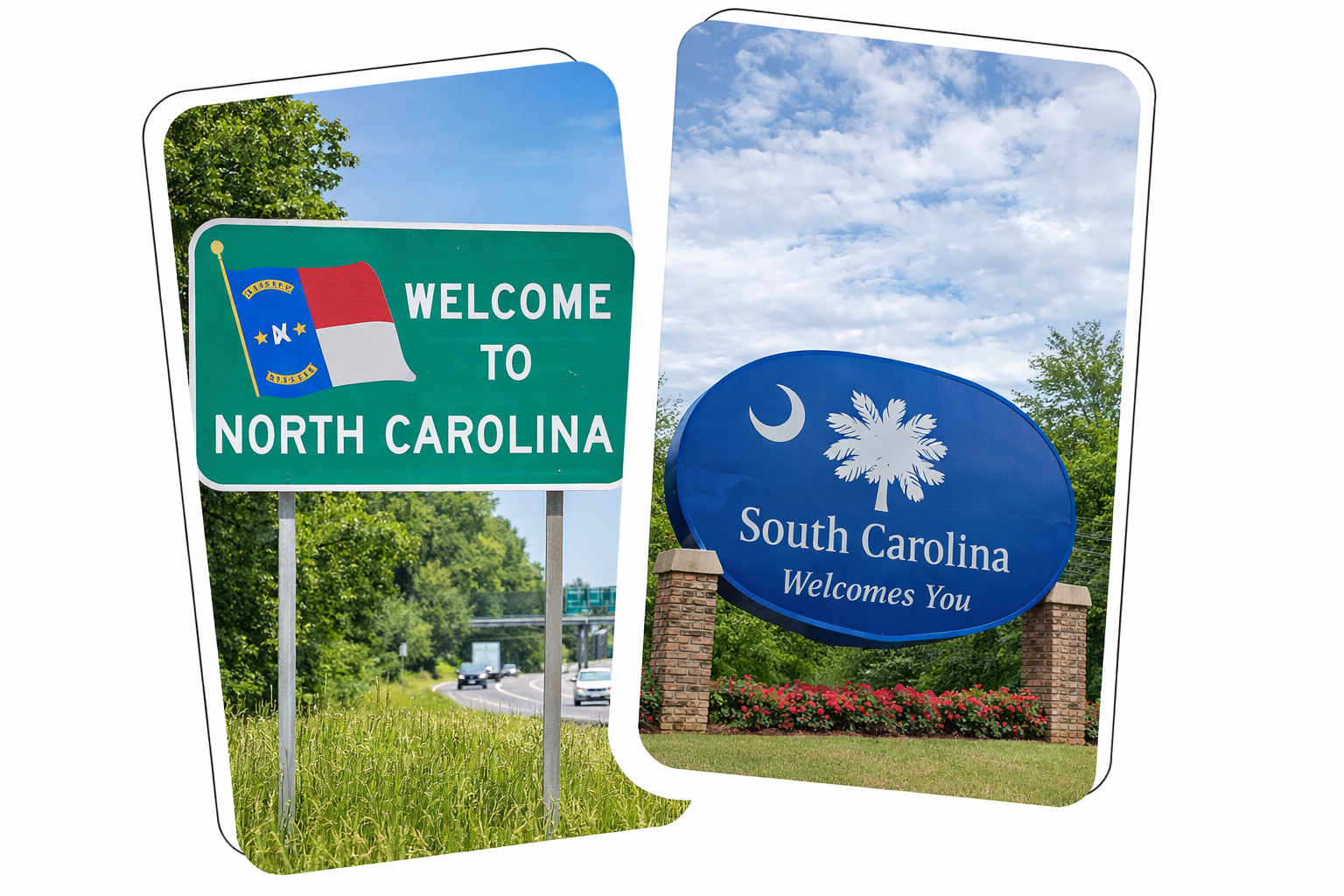 Welcome signs for North Carolina and South Carolina displayed side by side, representing regional restoration services across both states.