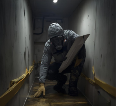 Restoration technician wearing protective suit, gloves, and respirator inspecting contaminated flooring in a confined residential crawlspace or utility corridor following a sewer backup event.