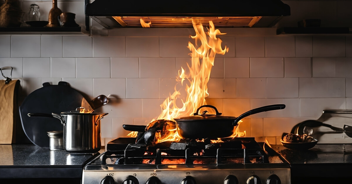 Kitchen stovetop fire with flames rising from a pan on a gas range beneath a vent hood, illustrating active fire and smoke damage risk inside a residential home.