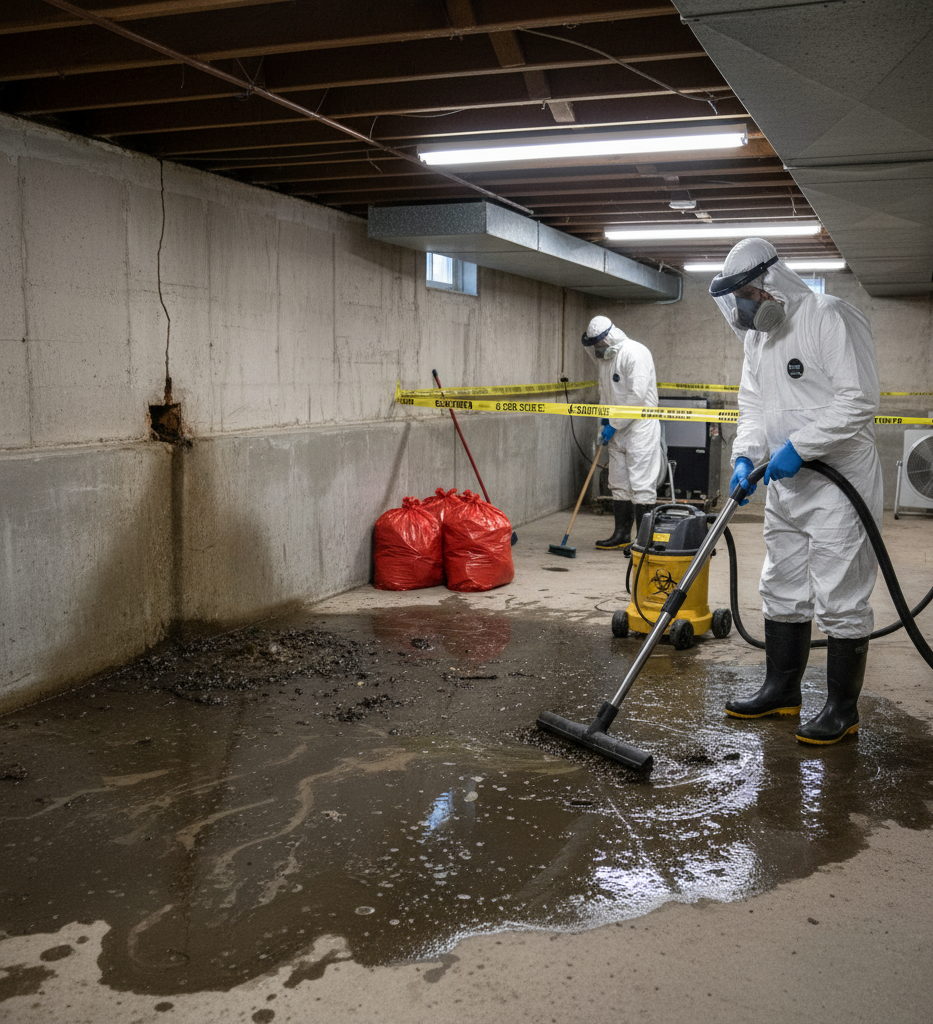 Technicians in PPE performing sewer backup hazard cleanup in a residential basement.