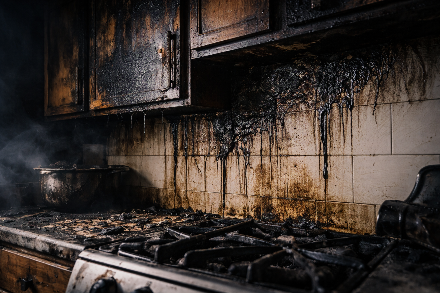 Close-up of a residential kitchen with heavy wet smoke residue and soot staining on cabinets and tile backsplash after a fire, showing thick black drips running down the walls above a damaged stove.