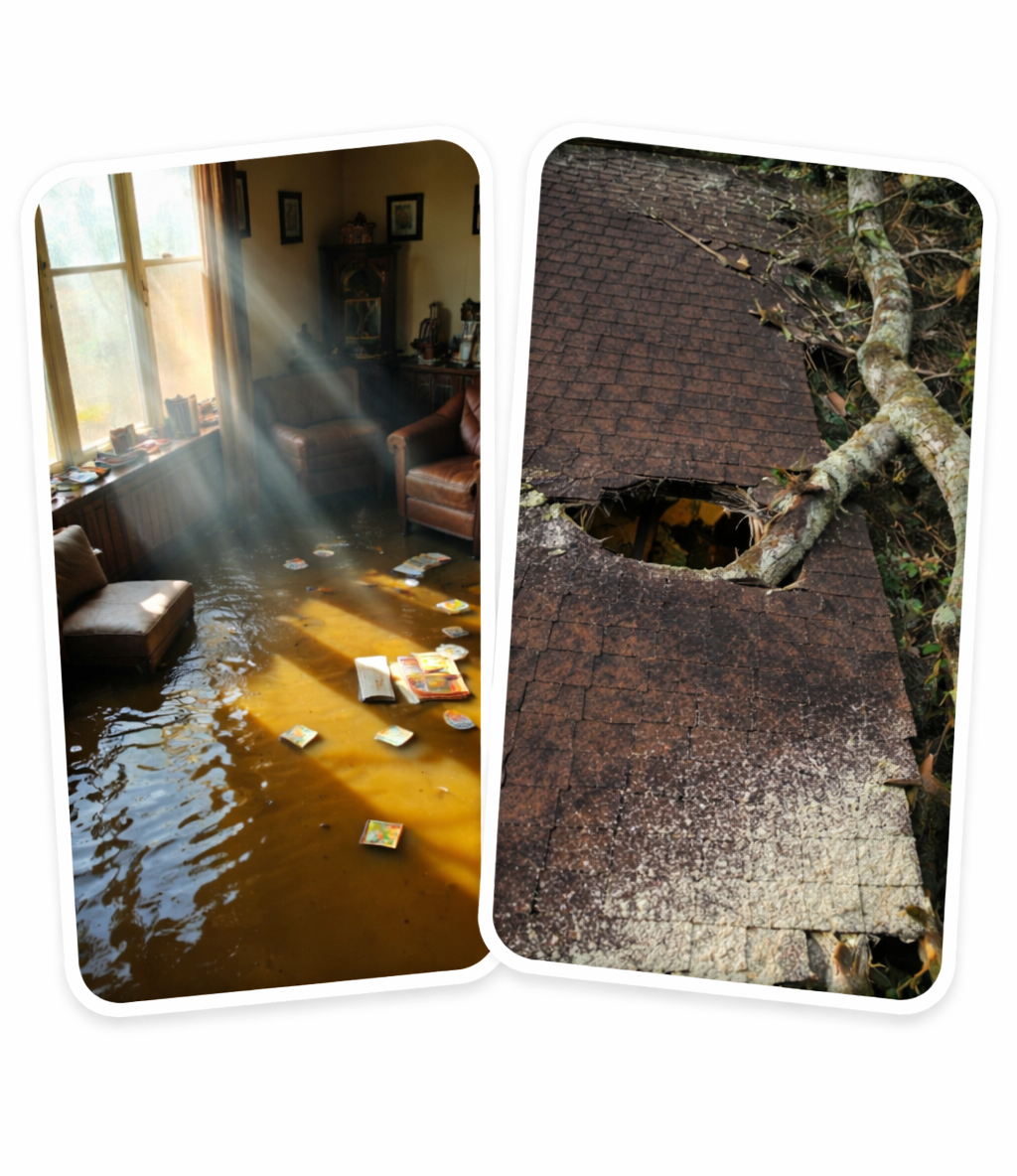 Two vertical images showing residential storm damage: a flooded living room with standing water and floating belongings, and a roof punctured by a fallen tree during a storm.
