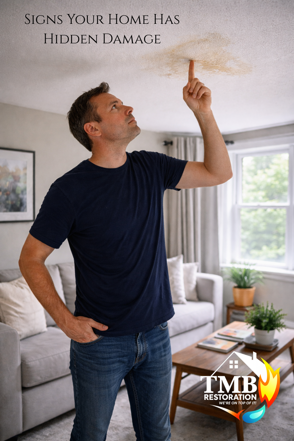 Homeowner standing in living room looking up at ceiling stain, identifying early signs of hidden home damage in a Charleston SC home