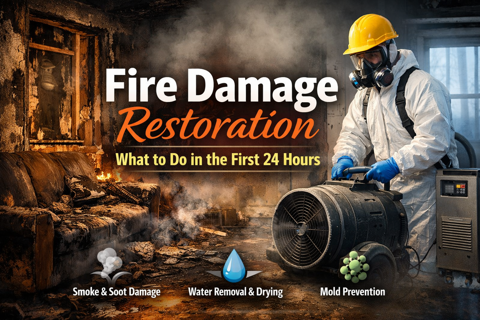 Fire damage restoration cleanup in a home including smoke damage, soot removal, and water drying equipment in the first 24 hours