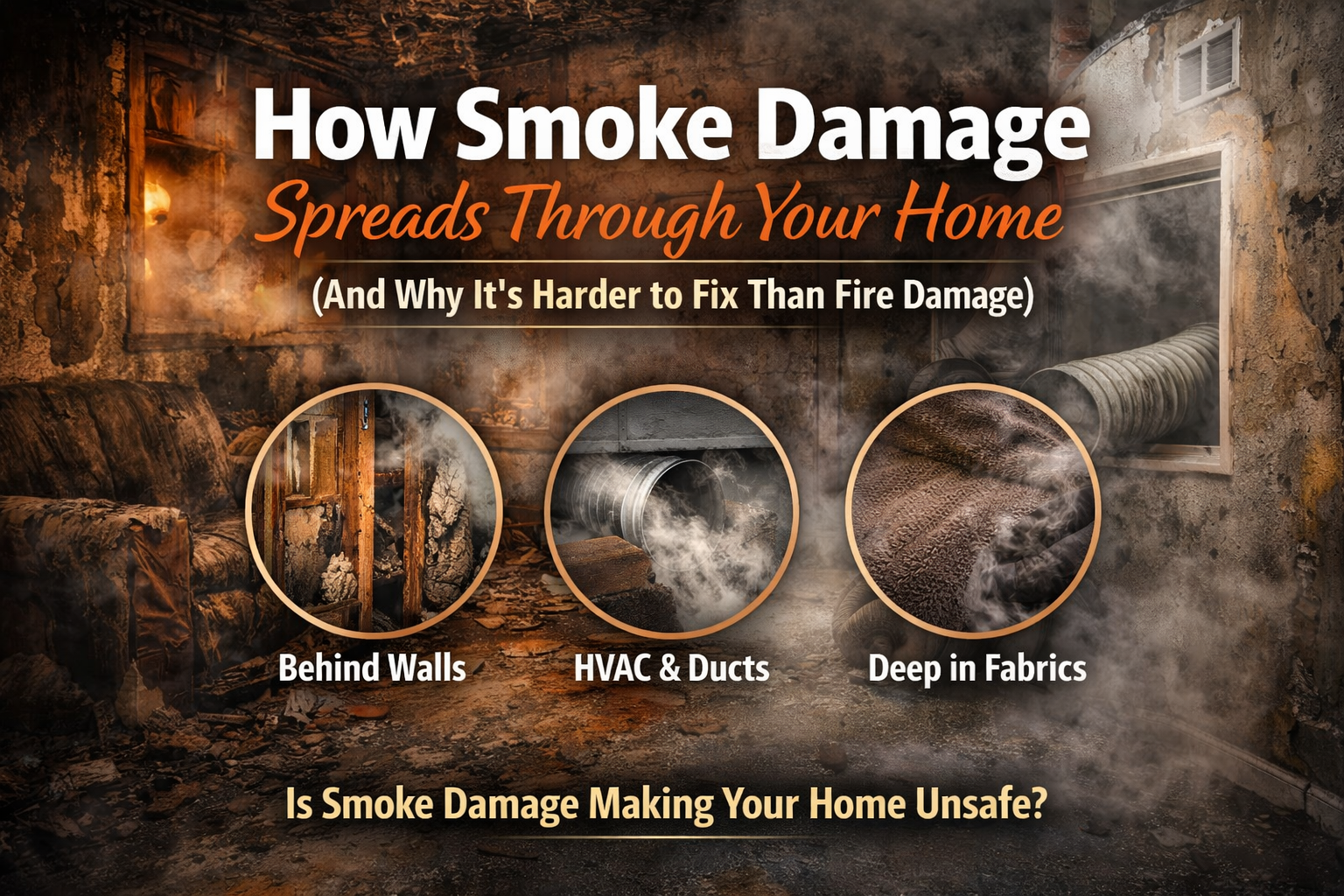 Smoke damage cleanup showing how smoke spreads through walls, HVAC ducts, and fabrics inside a home