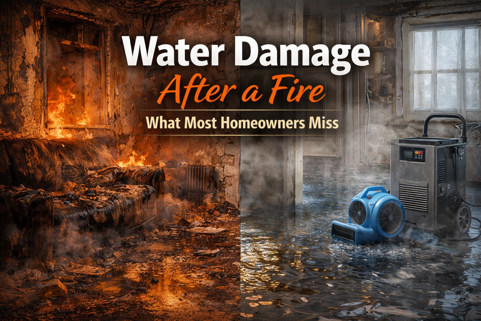 Water damage after a house fire showing standing water and drying equipment used for restoration